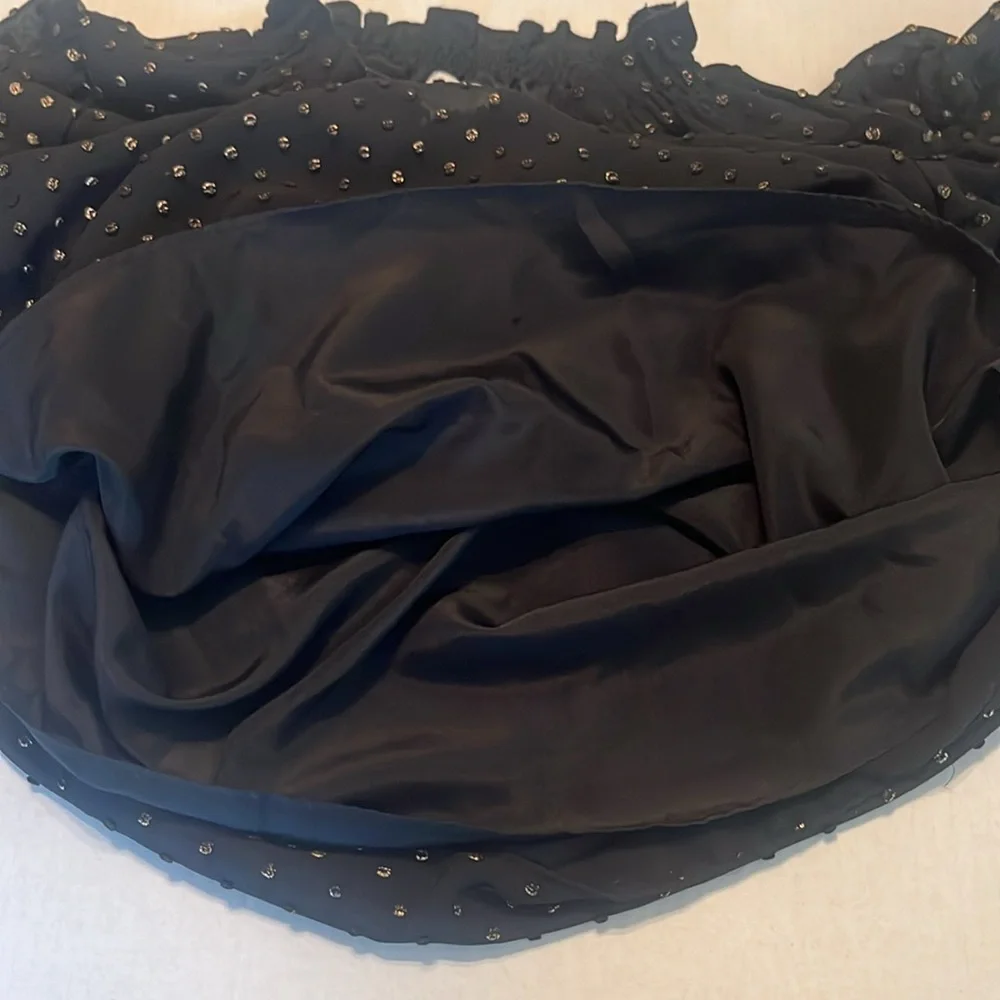 J. Crew Black and Gold Ruffleneck Top with Foil Clip Dot Size M